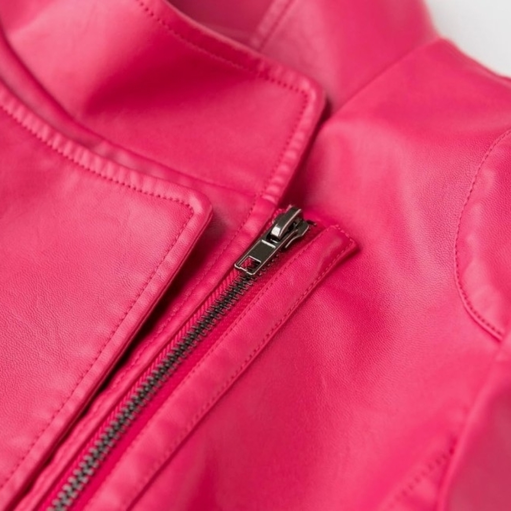 Chouyatou Women's Vibrant Pink Leather Jacket - Picture 3 of 6